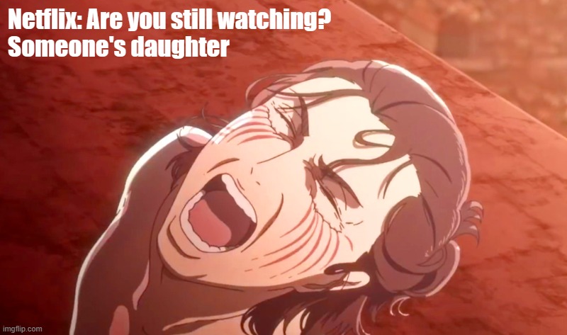 netflix daughter |  Netflix: Are you still watching?
Someone's daughter | image tagged in aot,attack on titan,netflix and chill | made w/ Imgflip meme maker