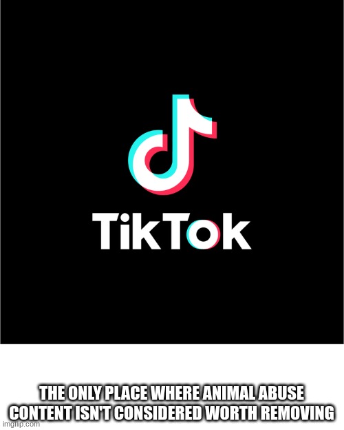 I don't use tiktok (I didn't even capitalize it bc really, does it deserve it) but I've heard about it. | THE ONLY PLACE WHERE ANIMAL ABUSE CONTENT ISN'T CONSIDERED WORTH REMOVING | image tagged in tiktok logo | made w/ Imgflip meme maker