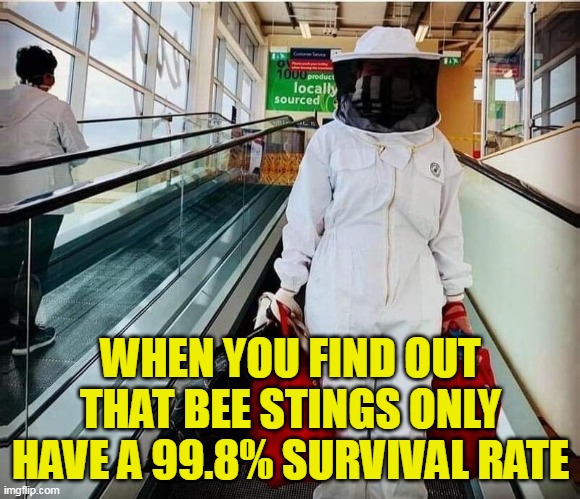 Your masks don't work, and your jab doesn't either. |  WHEN YOU FIND OUT THAT BEE STINGS ONLY HAVE A 99.8% SURVIVAL RATE | image tagged in covid panic,covid-19,be afraid,democrat | made w/ Imgflip meme maker