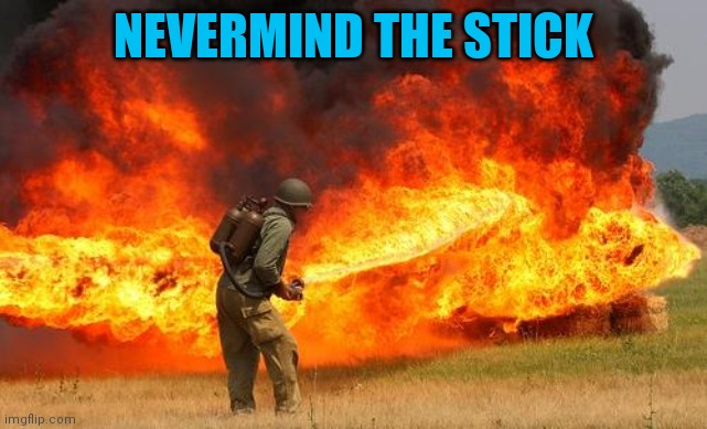 Nope flamethrower | NEVERMIND THE STICK | image tagged in nope flamethrower | made w/ Imgflip meme maker