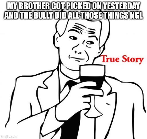 True Story Meme | MY BROTHER GOT PICKED ON YESTERDAY AND THE BULLY DID ALL THOSE THINGS NGL | image tagged in memes,true story | made w/ Imgflip meme maker