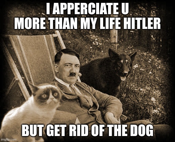 Grumpy Cat with Hitler | I APPERCIATE U MORE THAN MY LIFE HITLER; BUT GET RID OF THE DOG | image tagged in grumpy cat with hitler | made w/ Imgflip meme maker