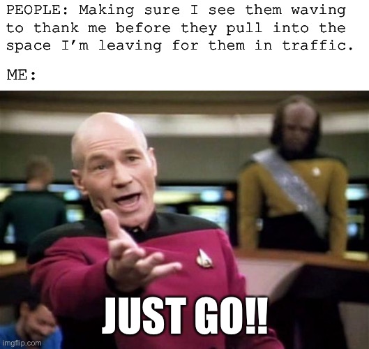 Space | PEOPLE: Making sure I see them waving 
to thank me before they pull into the 
space I’m leaving for them in traffic. ME:; JUST GO!! | image tagged in startrek,picard,space,traffic,funny memes | made w/ Imgflip meme maker