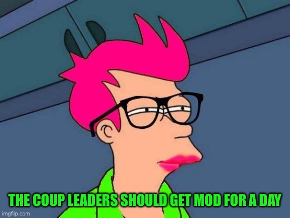 Feminist Fry | THE COUP LEADERS SHOULD GET MOD FOR A DAY | image tagged in feminist fry | made w/ Imgflip meme maker