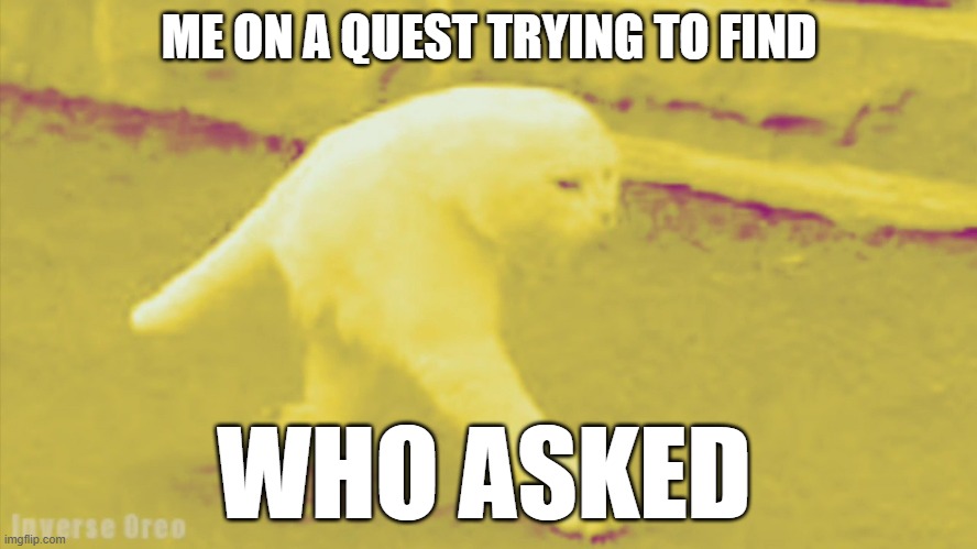 Who asked | ME ON A QUEST TRYING TO FIND; WHO ASKED | image tagged in funny,funny memes,memes,deep fried,cursed,dank memes | made w/ Imgflip meme maker