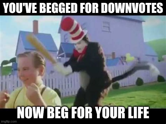 YOU'VE BEGGED FOR DOWNVOTES NOW BEG FOR YOUR LIFE | image tagged in cat in the hat with baseball bat oh that rhymed | made w/ Imgflip meme maker