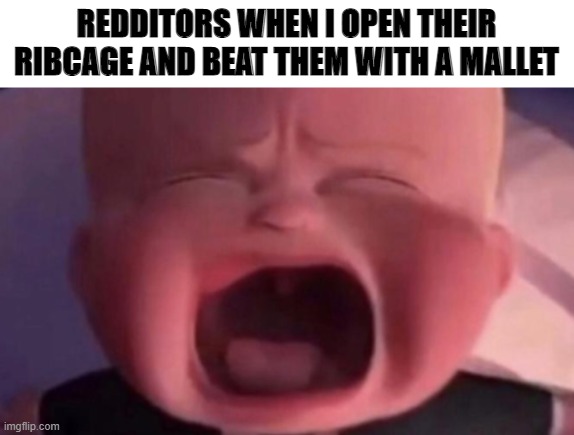 boss baby crying | REDDITORS WHEN I OPEN THEIR RIBCAGE AND BEAT THEM WITH A MALLET | image tagged in boss baby crying | made w/ Imgflip meme maker