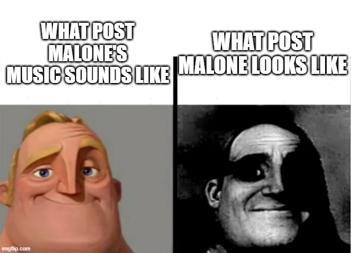 ngl he's kinda scary | WHAT POST MALONE LOOKS LIKE; WHAT POST MALONE'S MUSIC SOUNDS LIKE | image tagged in teacher's copy | made w/ Imgflip meme maker
