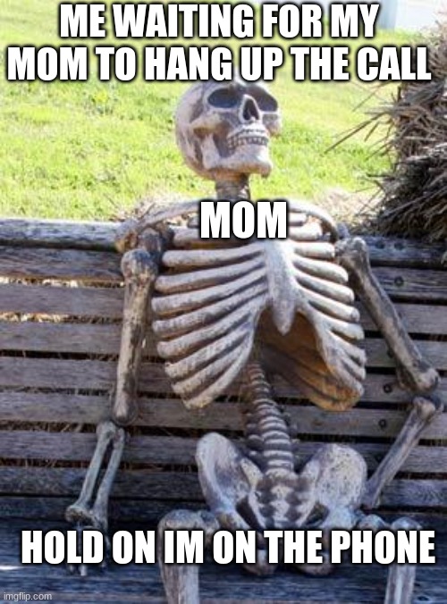 Waiting Skeleton | ME WAITING FOR MY MOM TO HANG UP THE CALL; MOM; HOLD ON IM ON THE PHONE | image tagged in memes,waiting skeleton | made w/ Imgflip meme maker