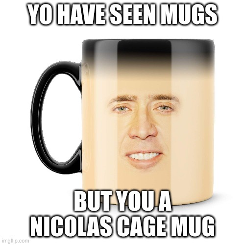 mug | YO HAVE SEEN MUGS; BUT YOU A NICOLAS CAGE MUG | image tagged in mug,funny memes | made w/ Imgflip meme maker