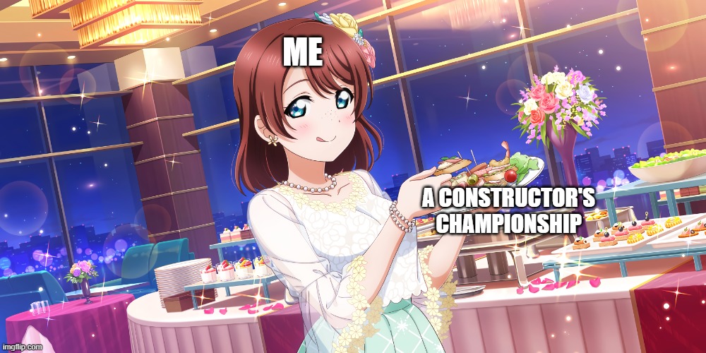 Try fending off Mercedes to a constructor's championship before bragging. | ME; A CONSTRUCTOR'S CHAMPIONSHIP | image tagged in emma verde eating | made w/ Imgflip meme maker