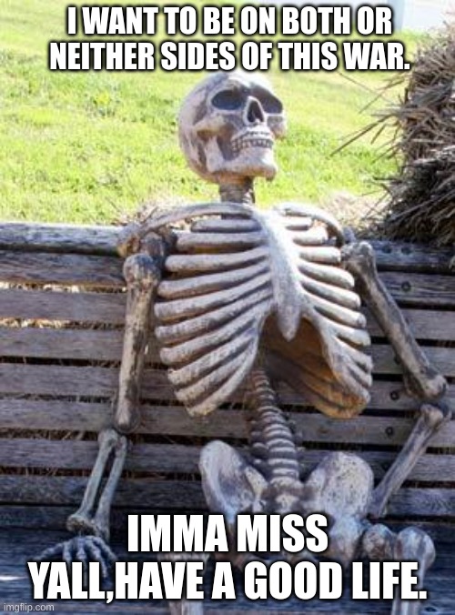 Bye | I WANT TO BE ON BOTH OR NEITHER SIDES OF THIS WAR. IMMA MISS YALL,HAVE A GOOD LIFE. | image tagged in memes,waiting skeleton | made w/ Imgflip meme maker