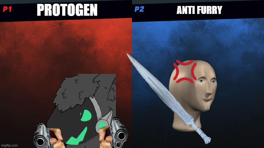 who will win | PROTOGEN; ANTI FURRY | image tagged in smash bros 1v1 screen template | made w/ Imgflip meme maker