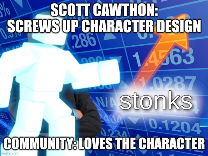 Stonks (FNAF) | SCOTT CAWTHON: SCREWS UP CHARACTER DESIGN; COMMUNITY: LOVES THE CHARACTER | image tagged in stonks | made w/ Imgflip meme maker