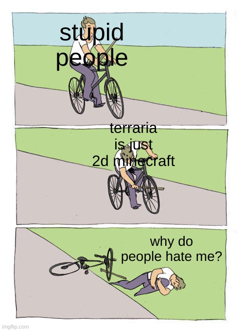 Bike Fall | stupid people; terraria is just 2d minecraft; why do people hate me? | image tagged in memes,bike fall | made w/ Imgflip meme maker