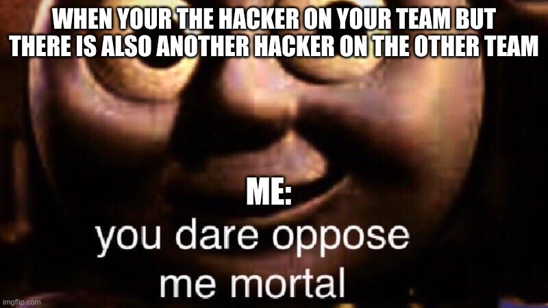 hack | WHEN YOUR THE HACKER ON YOUR TEAM BUT THERE IS ALSO ANOTHER HACKER ON THE OTHER TEAM; ME: | image tagged in you dare oppose me mortal | made w/ Imgflip meme maker