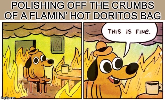 Spicy Deliciousness | POLISHING OFF THE CRUMBS OF A FLAMIN’ HOT DORITOS BAG | image tagged in memes,this is fine,doritos,spicy,snacks,chips | made w/ Imgflip meme maker