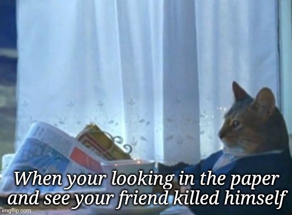Lol | When your looking in the paper and see your friend killed himself | image tagged in memes,i should buy a boat cat | made w/ Imgflip meme maker