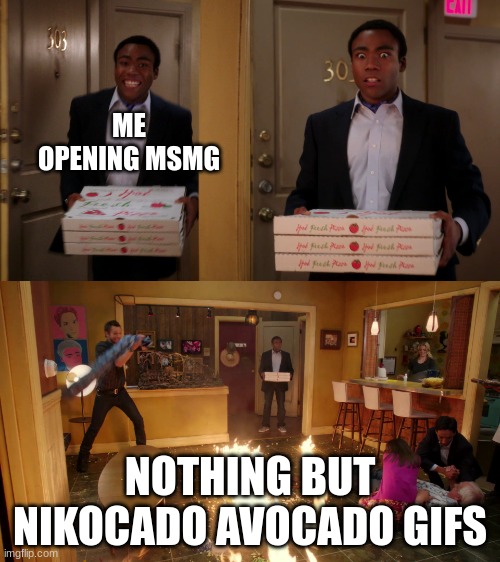 what did i walk in on holy shit | ME OPENING MSMG; NOTHING BUT NIKOCADO AVOCADO GIFS | image tagged in pizza fire meme | made w/ Imgflip meme maker