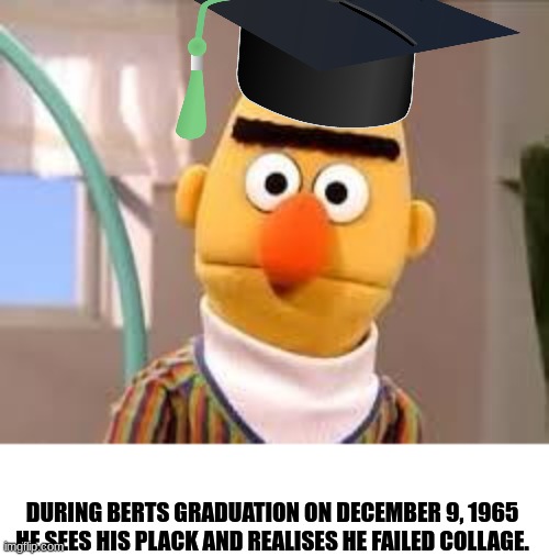 bertstrip | DURING BERTS GRADUATION ON DECEMBER 9, 1965 HE SEES HIS PLACK AND REALISES HE FAILED COLLAGE. | image tagged in creepy sesame street | made w/ Imgflip meme maker