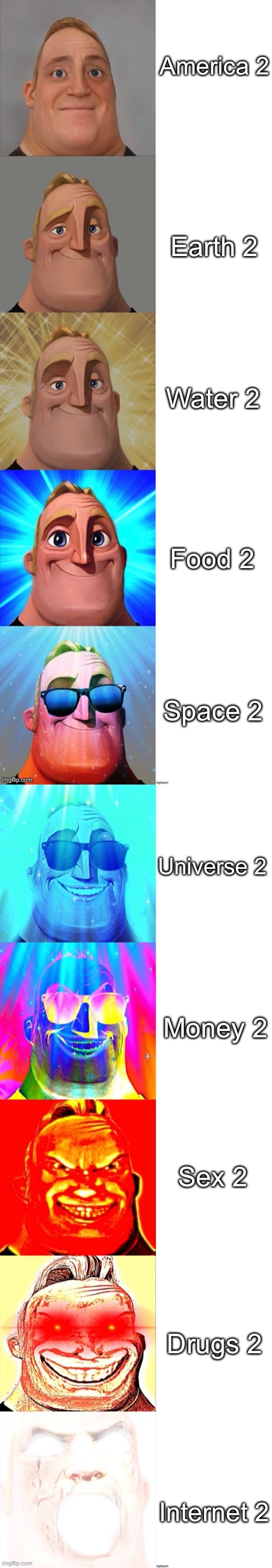 Mr Incredible Becoming Canny | America 2; Earth 2; Water 2; Food 2; Space 2; Universe 2; Money 2; Sex 2; Drugs 2; Internet 2 | image tagged in mr incredible becoming canny | made w/ Imgflip meme maker