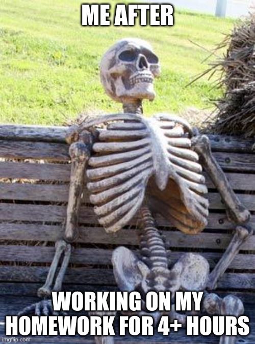 fr | ME AFTER; WORKING ON MY HOMEWORK FOR 4+ HOURS | image tagged in memes,waiting skeleton | made w/ Imgflip meme maker