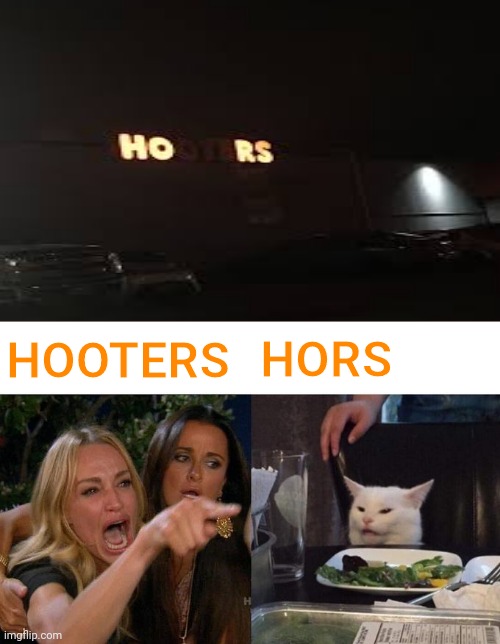 HORS | HORS; HOOTERS | image tagged in memes,woman yelling at cat,hooters,you had one job,neon lights,fail | made w/ Imgflip meme maker