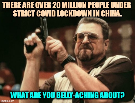 No lockdowns around here. | THERE ARE OVER 20 MILLION PEOPLE UNDER 
STRICT COVID LOCKDOWN IN CHINA. WHAT ARE YOU BELLY-ACHING ABOUT? | image tagged in memes,am i the only one around here,china,covid-19,lockdown | made w/ Imgflip meme maker