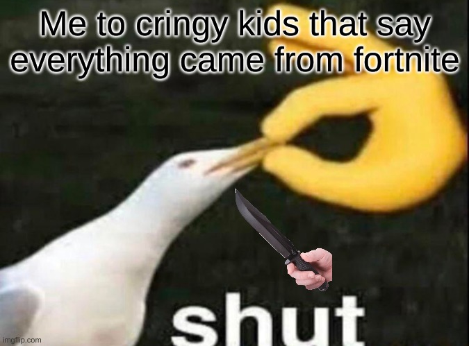 stop them | Me to cringy kids that say everything came from fortnite | image tagged in shut,gaming | made w/ Imgflip meme maker