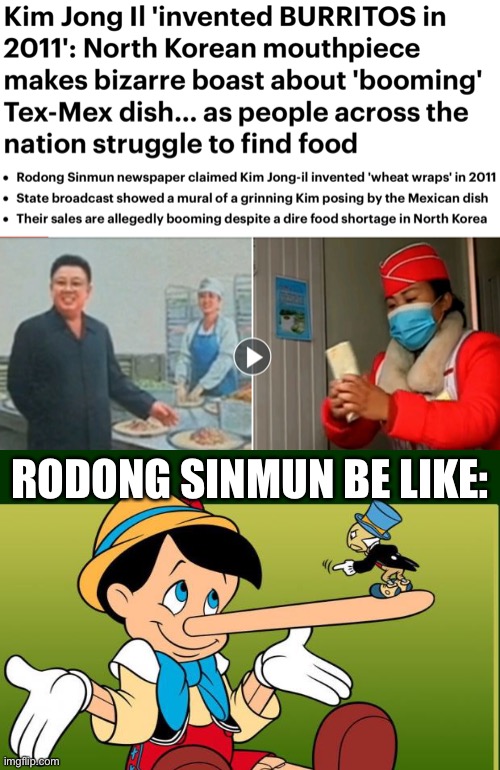 bruh, the burrito was invented far longer than 10 years ago, and no Kim invented it- |  RODONG SINMUN BE LIKE: | image tagged in anakin liar,funny,north korea,pinnochio,jackie chan wtf,kim jong un | made w/ Imgflip meme maker