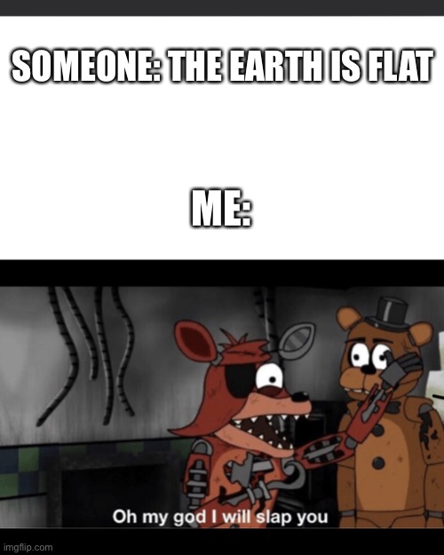 Fricking Idiot | SOMEONE: THE EARTH IS FLAT; ME: | image tagged in oh my god i will slap you | made w/ Imgflip meme maker