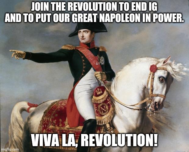 Napoleon Bonaparte | JOIN THE REVOLUTION TO END IG AND TO PUT OUR GREAT NAPOLEON IN POWER. VIVA LA, REVOLUTION! | image tagged in napoleon bonaparte | made w/ Imgflip meme maker
