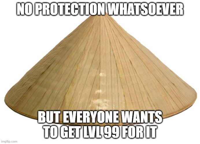 Vietnam Hat | NO PROTECTION WHATSOEVER; BUT EVERYONE WANTS TO GET LVL 99 FOR IT | image tagged in vietnam hat | made w/ Imgflip meme maker