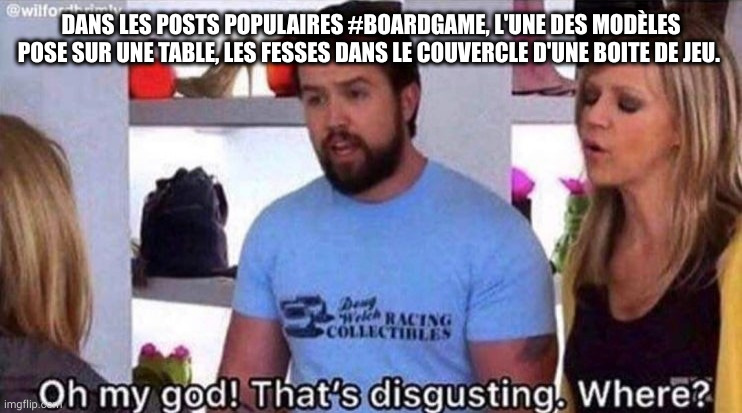 That's disgusting where? | DANS LES POSTS POPULAIRES #BOARDGAME, L'UNE DES MODÈLES POSE SUR UNE TABLE, LES FESSES DANS LE COUVERCLE D'UNE BOITE DE JEU. | image tagged in that's disgusting where | made w/ Imgflip meme maker