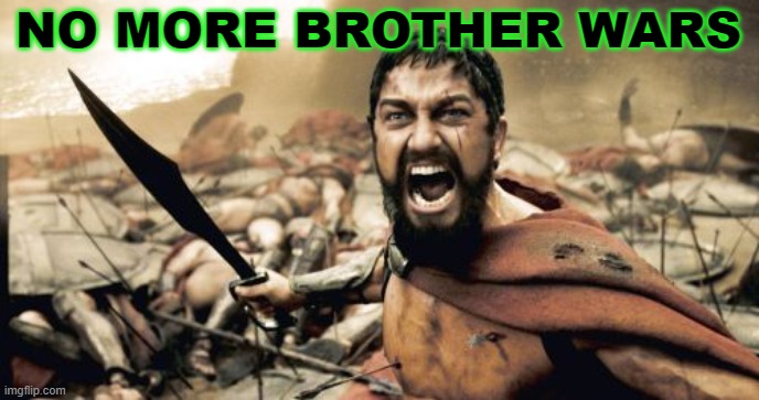No More Brother Wars | NO MORE BROTHER WARS | image tagged in memes,sparta leonidas | made w/ Imgflip meme maker