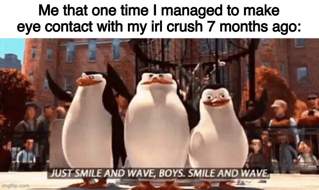 Which I didn't do | Me that one time I managed to make eye contact with my irl crush 7 months ago: | image tagged in just smile and wave boys | made w/ Imgflip meme maker