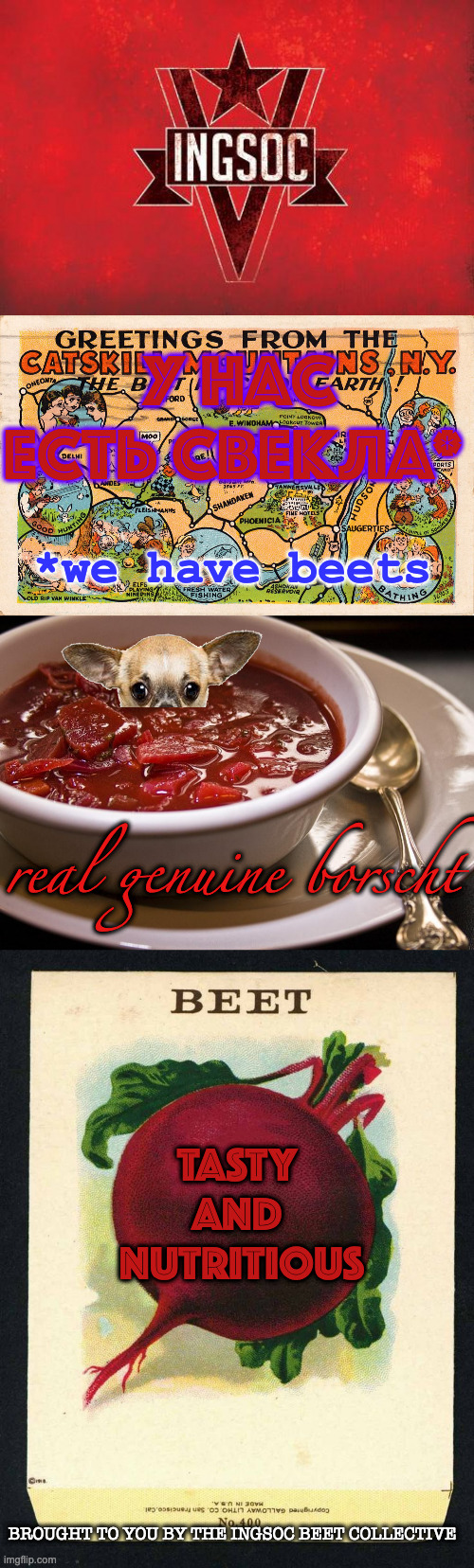 THERE IS NO BEET SHORTAGE. | У НАС ЕСТЬ СВЕКЛА*; *we have beets; real genuine borscht; TASTY 
AND 
NUTRITIOUS; BROUGHT TO YOU BY THE INGSOC BEET COLLECTIVE | made w/ Imgflip meme maker
