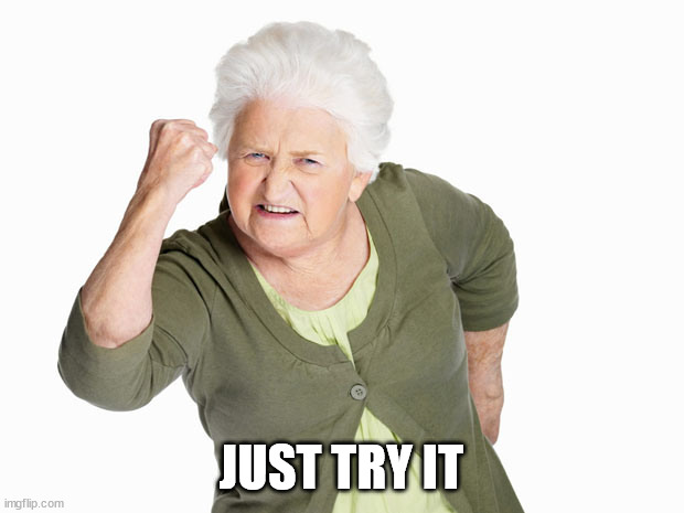 Just Try It | JUST TRY IT | image tagged in angry old lady | made w/ Imgflip meme maker