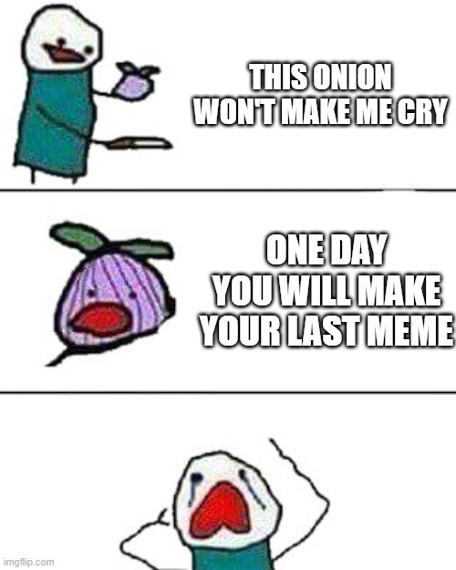 [sad noises] | THIS ONION WON'T MAKE ME CRY; ONE DAY YOU WILL MAKE YOUR LAST MEME | image tagged in this onion won't make me cry,memes,funny | made w/ Imgflip meme maker