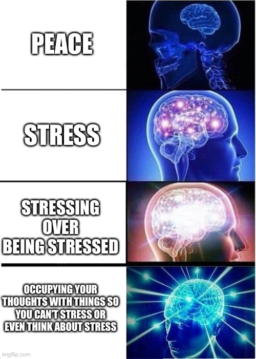 Stress | PEACE; STRESS; STRESSING OVER BEING STRESSED; OCCUPYING YOUR THOUGHTS WITH THINGS SO YOU CAN’T STRESS OR EVEN THINK ABOUT STRESS | image tagged in memes,expanding brain | made w/ Imgflip meme maker