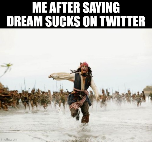 Me V.S Dream Stans | ME AFTER SAYING DREAM SUCKS ON TWITTER | image tagged in memes,jack sparrow being chased | made w/ Imgflip meme maker