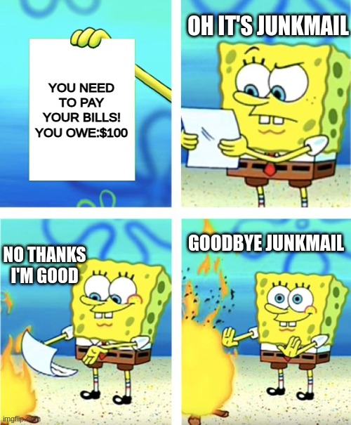 I have desposed the junkmail | OH IT'S JUNKMAIL; YOU NEED TO PAY YOUR BILLS!
YOU OWE:$100; GOODBYE JUNKMAIL; NO THANKS I'M GOOD | image tagged in memes | made w/ Imgflip meme maker