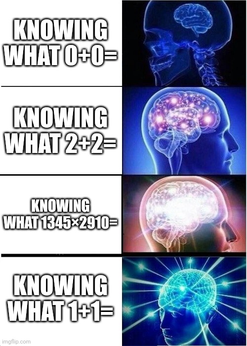 Expanding Brain Meme | KNOWING WHAT 0+0=; KNOWING WHAT 2+2=; KNOWING WHAT 1345×2910=; KNOWING WHAT 1+1= | image tagged in memes,expanding brain | made w/ Imgflip meme maker