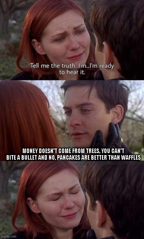 Got some hot takes | MONEY DOESN'T COME FROM TREES, YOU CAN'T BITE A BULLET AND NO, PANCAKES ARE BETTER THAN WAFFLES | image tagged in tell me the truth i'm ready to hear it,memes,funny,fun,peter parker | made w/ Imgflip meme maker