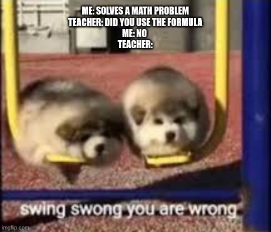 swing swong | ME: SOLVES A MATH PROBLEM
TEACHER: DID YOU USE THE FORMULA
ME: NO 
TEACHER: | image tagged in swing swong | made w/ Imgflip meme maker