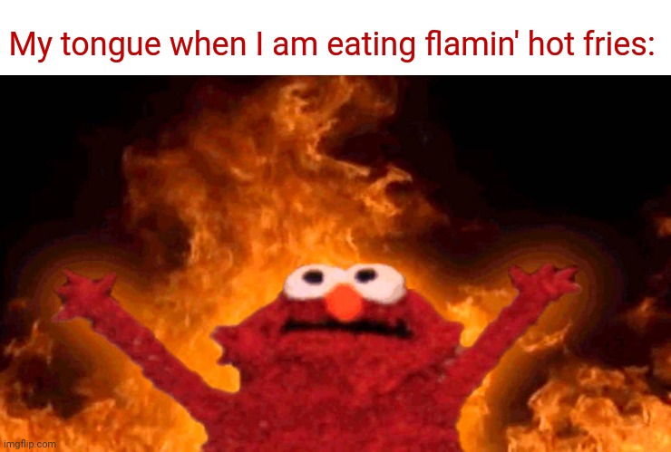 Flamin' Hot Fries | My tongue when I am eating flamin' hot fries: | image tagged in elmo fire,hot,fries,funny,memes,blank white template | made w/ Imgflip meme maker