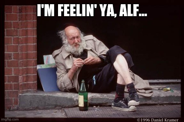 homeless man drinking | I'M FEELIN' YA, ALF... | image tagged in homeless man drinking | made w/ Imgflip meme maker