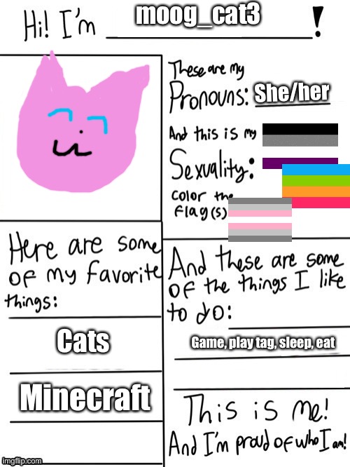 We’re sticking with a pink cat. Sorry, no hint at what I look like IRL. | moog_cat3; She/her; Game, play tag, sleep, eat; Cats; Minecraft | image tagged in hi i'm | made w/ Imgflip meme maker