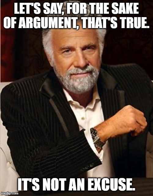 i don't always | LET'S SAY, FOR THE SAKE OF ARGUMENT, THAT'S TRUE. IT'S NOT AN EXCUSE. | image tagged in i don't always | made w/ Imgflip meme maker