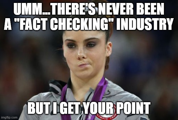 McKayla Maroney Not Impressed Meme | UMM...THERE'S NEVER BEEN A "FACT CHECKING" INDUSTRY BUT I GET YOUR POINT | image tagged in memes,mckayla maroney not impressed | made w/ Imgflip meme maker